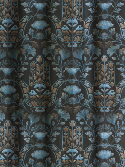Sheer curtain panel featuring repeating gold hamsa hands surrounded by blue botanical flowers and leaves on dark navy background. Linen-textured polyester fabric filters light while providing elegant window covering with protective symbolism for bohemian or Victorian interiors.